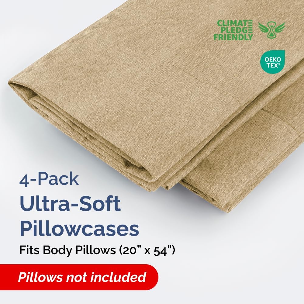 Skiennix Body Pillowcases Set of 4 | Soft & Breathable 20x54 Long Pillow Covers - Machine Washable, Fade-Free (Heathered Tan)
