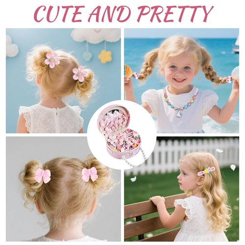 Velachuan Princess Jewelry Box for Girls with Hair Accessories,Girls Hair Clips Bows Set, Fashion Hair Styling Kit with Mirror,Pink Sparkle Trinket Box Includes Hair Clips (Ribbon)