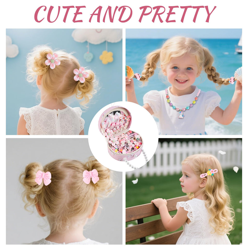 velachuan Princess Jewelry Box for Girls with Hair Accessories,Girls Hair Clips Bows Set, Fashion Hair Styling Kit with Mirror,Pink Sparkle Trinket Box Includes Hair Clips (Ribbon)