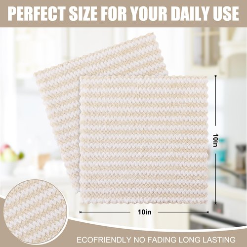 Homaxy 12 Pack Kitchen Dish Cloths, Ultra Soft and Absorbent Dish Towels, Reusable Fast Drying Microfiber Cleaning Cloth, Coral Velvet Wave Design No-lint, 10 x 10 inches, Beige