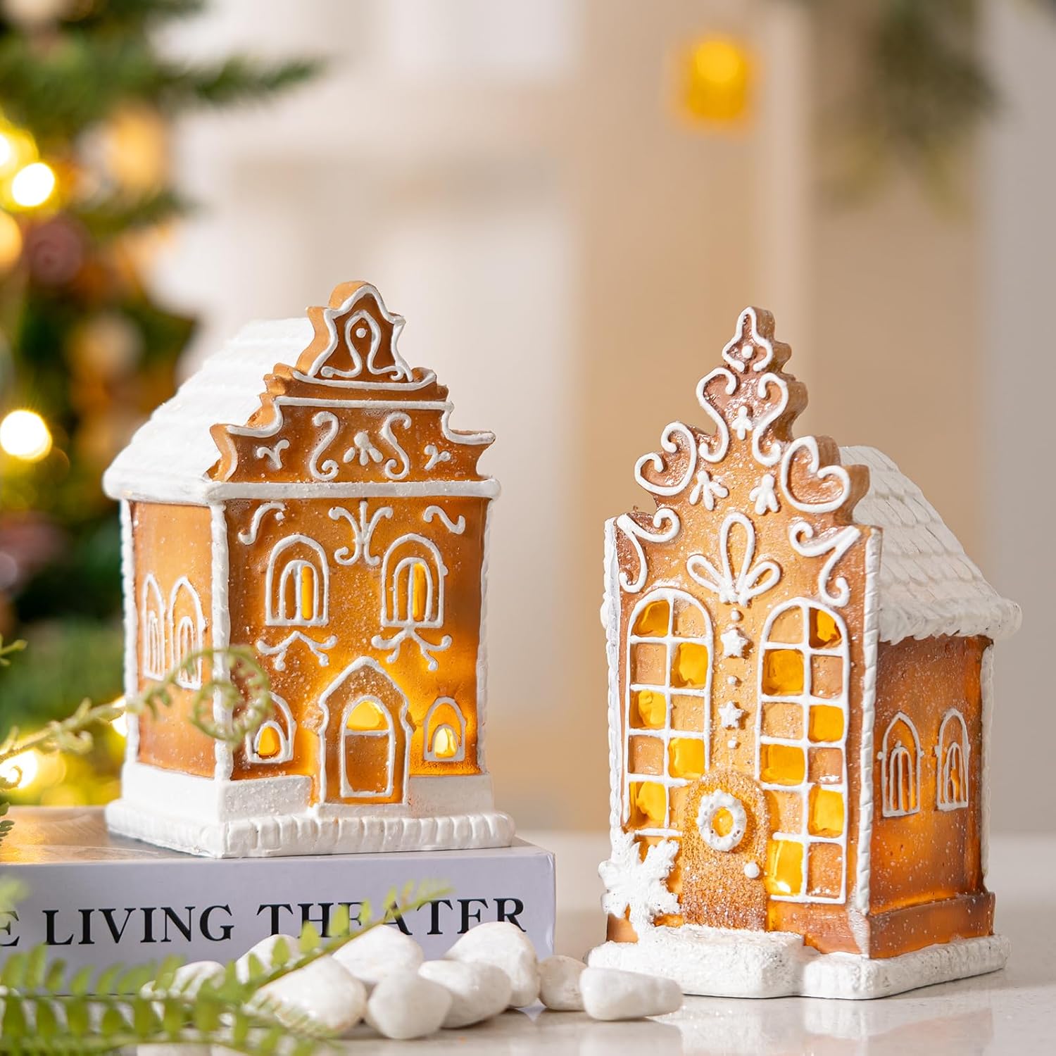 Skiennix Christmas Gingerbread Village House Figurines - Pre-Lit LED Table Decor | 2-Piece Set