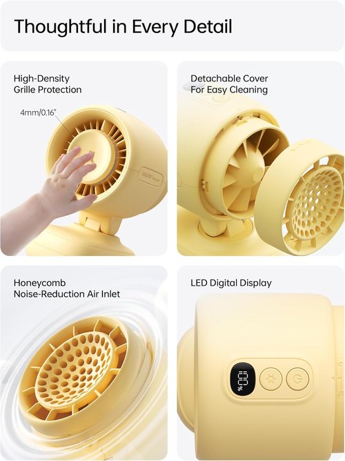 JISULIFE Stroller Fan - Compact & Stylish 38H Cooling with Soft Night Light | One-Click Detachable for Travel & Nursery (Yellow)