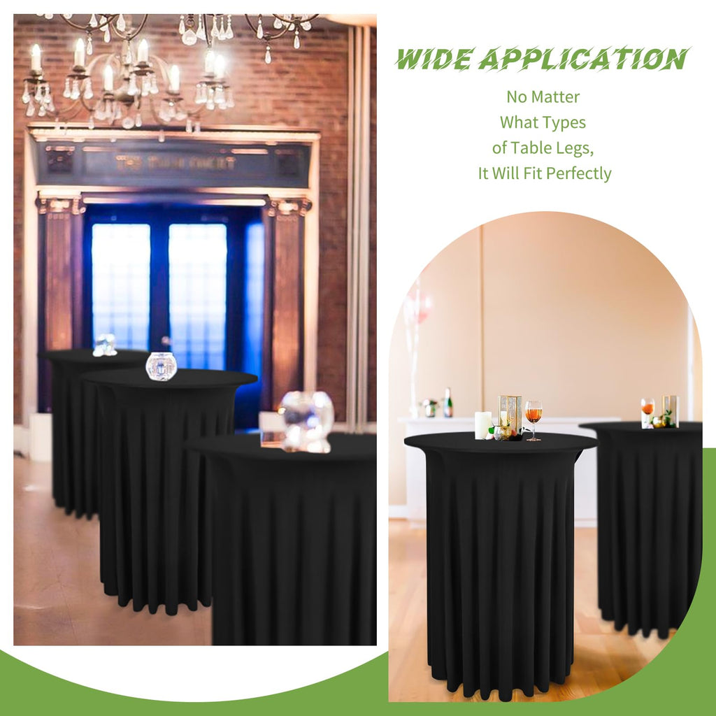LOKUME 6 Pack Round Cocktail Table Skirts 32 x 43 Inch Black Spandex Cocktail Table Covers with Wavy Drapes Stretch Fitted Round High Top Tablecloths for Wedding Bar Party Banquet