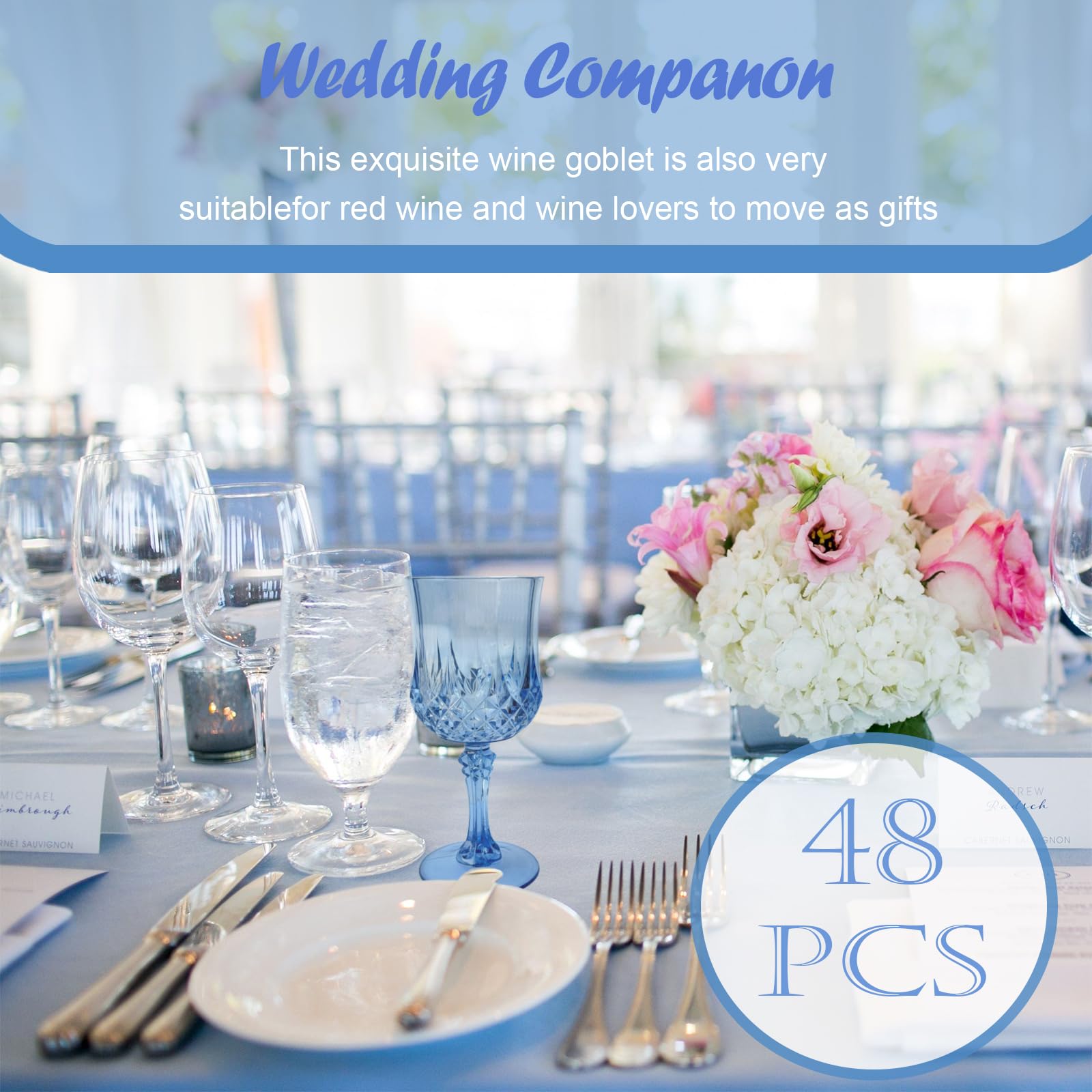 Veiuwa 48 PCS Blue Plastic Wine Glasses,Reusable Plastic Wine Glasses,Blue Goblet Glass,Durable and Sturdy Cups Can Be Used for Various Parties Such as Weddings!