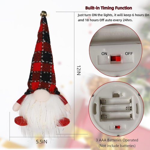 Juegoal Lighted Christmas Gnomes - 12 Inch Handmade Plush Scandinavian Tomte with Buffalo Plaid Hat | Battery Operated Holiday Decor