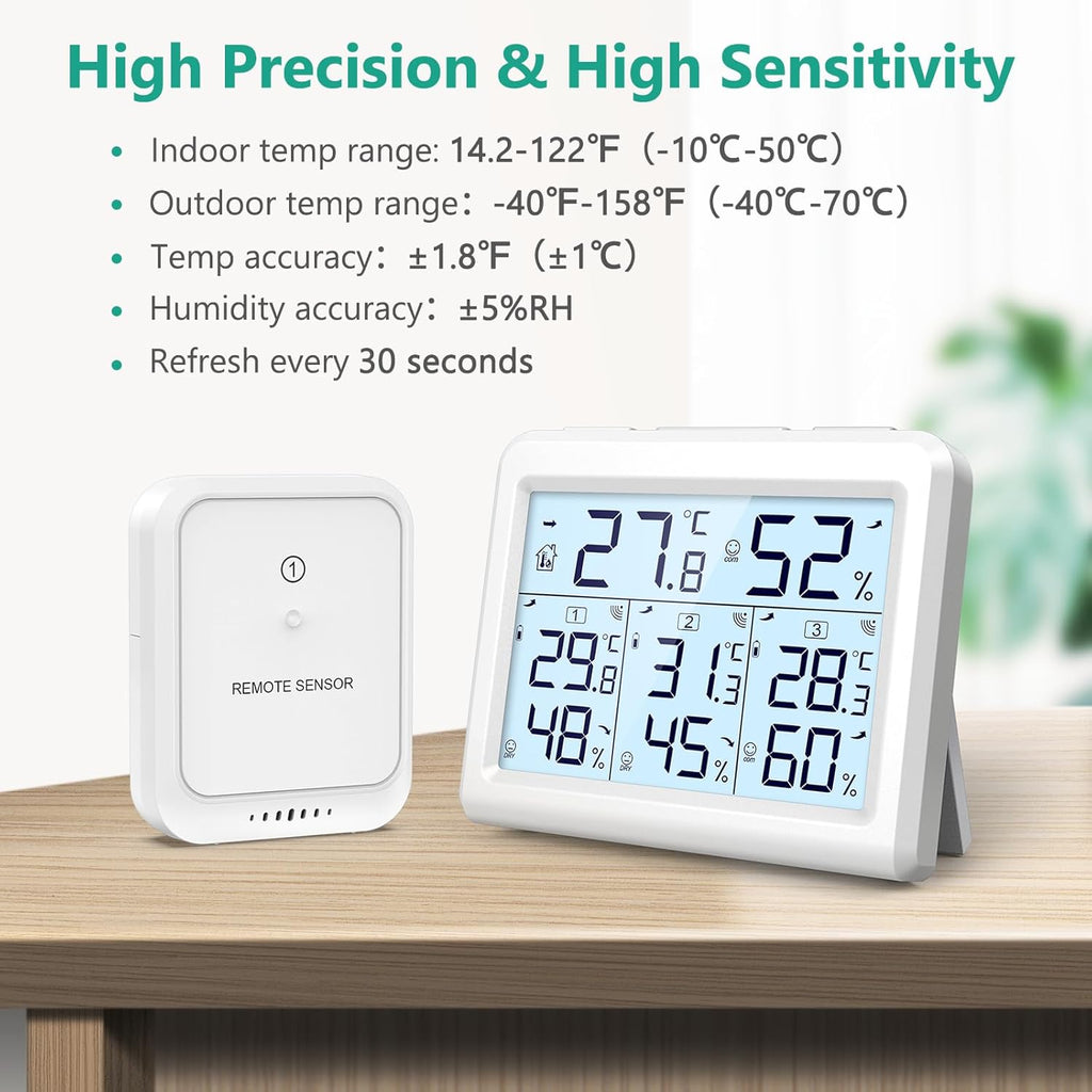 ORIA Digital Indoor Outdoor Thermometer - Wireless Temperature & Humidity Gauge with 3 Sensors | LCD Backlight, White