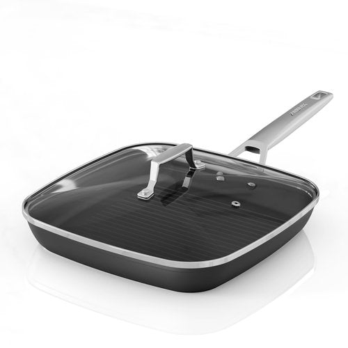 MsMk Square Grill Pan with lid, Stay-Cool Handle, Each Ridge Nonstick, Oven Safe Dishwasher Safe Induction Grill pans for Stove Tops, Square Frying Pan, Bacon Pan, Indoor Chicken Skillet, 11-Inch