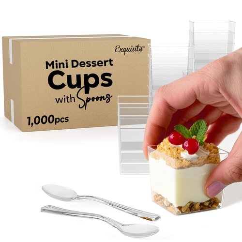 Exquisite Mini Dessert Cups With Spoons 1000 Pcs - 3.6 Oz Square Plastic Dessert Cups Disposable With Tasting Spoons 500 Sets | Mini Parfait Cup | Appetizer Cup For Party