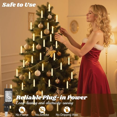 Lewondr Christmas Tree Candle Lights - 20 LED Flameless Flickering Candles with Remote Timer | Beige Holiday Ornaments