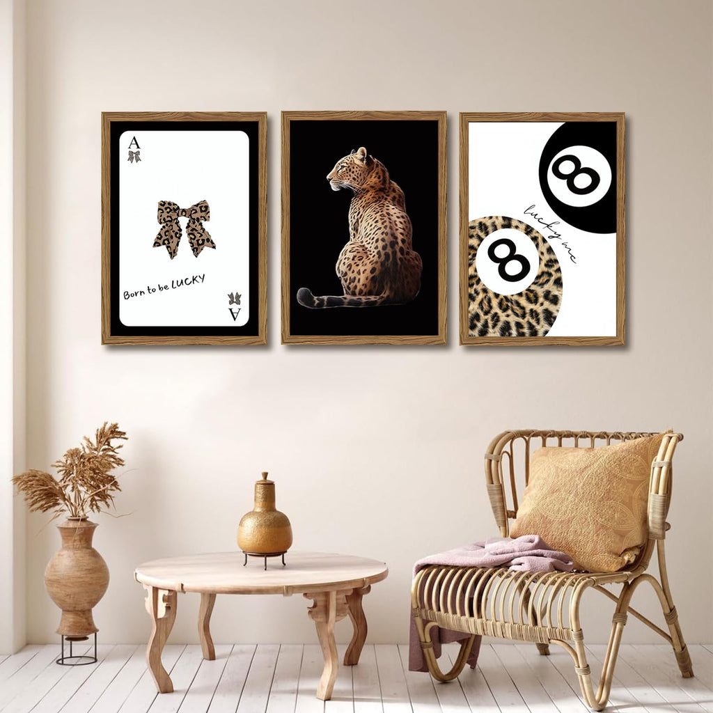 Trendy Cheetah Wall Art Set of 3 Black and White Leopard Bow Wall Decor Painting Lucky 8 Ball Poster Canavs Print Aesthetic for Bedroom Living Room 16x24 inch Wood Framed