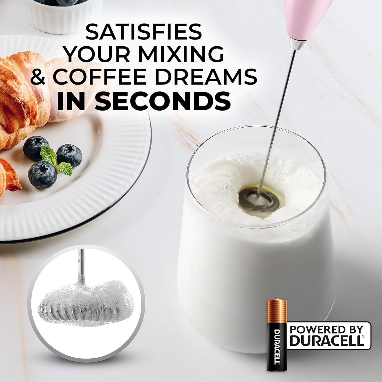 Zulay Kitchen Milk Frother Handheld Electric Whisk with AA Duracell Batteries – Durable Drink Mixer for Coffee, Lattes, Cappuccinos & More - Pink