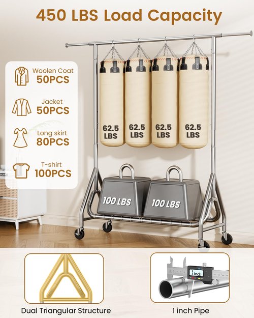 JIEJIERUI Heavy Duty Clothing Rack, Metal Clothes Rack Load 450 LBS, Rolling Coat Racks for Hanging Clothes with Lockable Wheels, Wardrobe Closet Garment Racks for Bedroom, Silver
