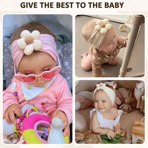 MIUXUESO Baby Flower Headbands - Soft Nylon Hair Accessories for Newborns & Toddlers | 3 Pcs Set (Yellow, Pink, Brown)