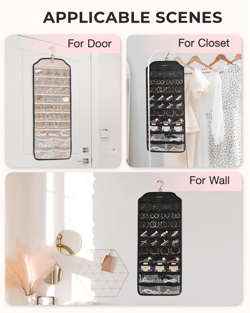 BAGSMART Hanging Jewelry Organizer, Jewelry Holder Organizer Accessories Organizer, 68 Pocket Earring Organizer Organizer for Wall Holding Jewelries,Large Black 1 Piece