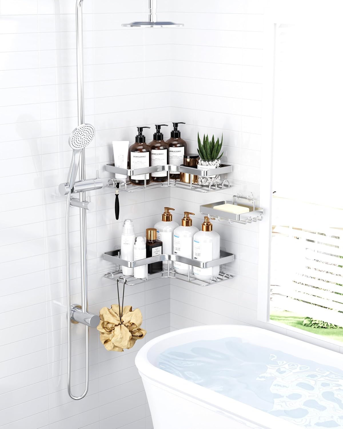Sakugi Corner Shower Caddy - Rustproof Metal Organizer with Soap Holder & Hooks | 3-Pack, Large, Silver