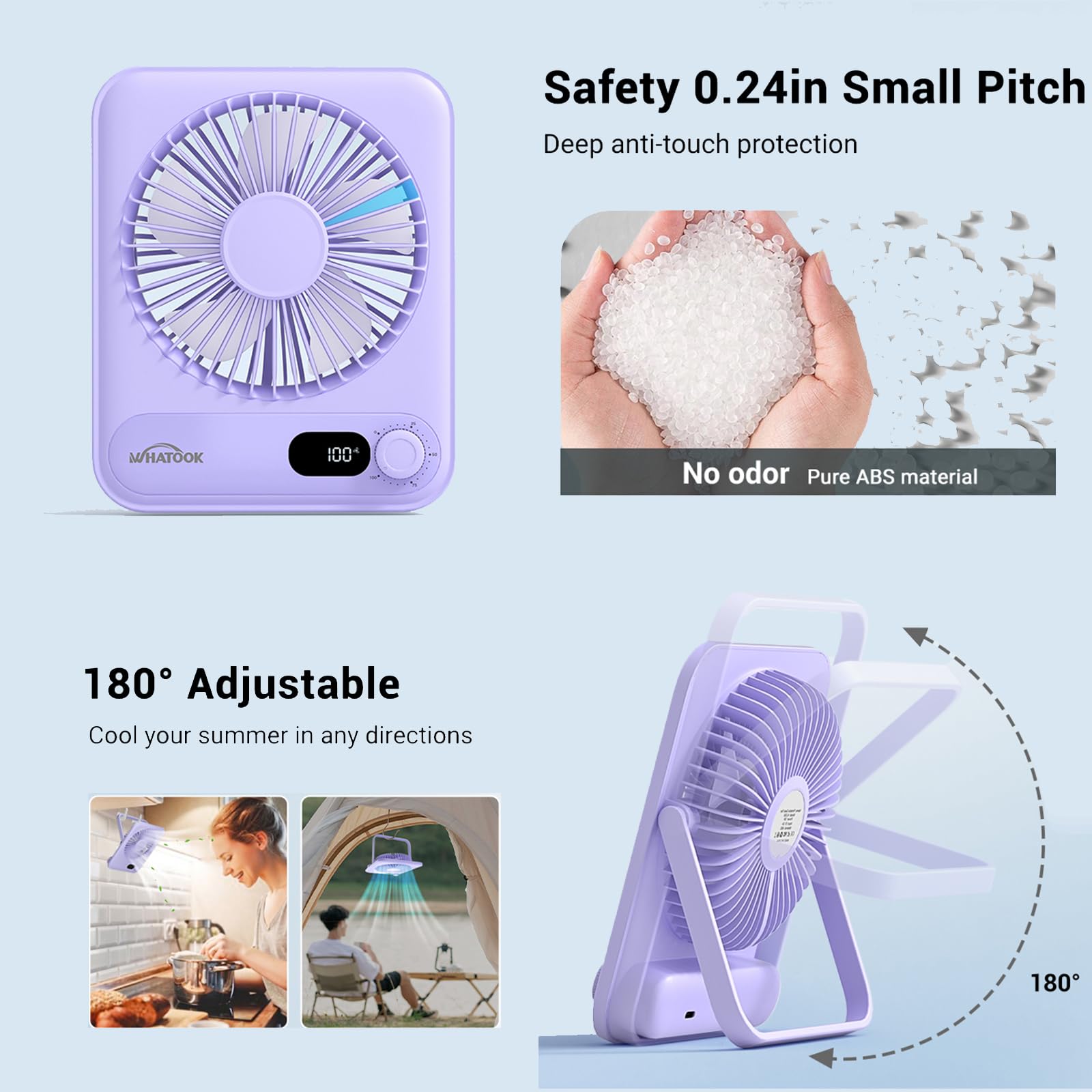 WHATOOK Desk Fan 2 Pack: 100 Speeds Stepless Control 2000mAh Battery Operated Portable Fan, Rechargeable Table Fan for Cruise Ship Essentials, Gift for Couples, Dorm, Office, Bedroom(Black and Purple)