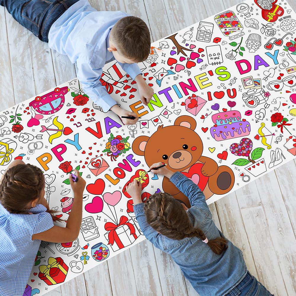 Valentines Tablecloth Decorations, Valentines Crafts for Kids, Essentials Valentine Day Coloring Games Activities Gifts Poster Banner Table Cover for Valentine Children Family School Party Decor