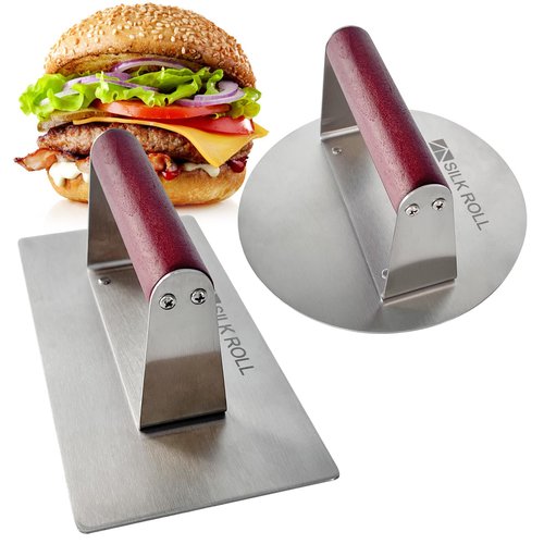 SILK ROLL Stainless Steel Burger Press, Hamburger Press, Heavy Duty Meat Press, 8 Inch Bacon Press & 6.3 Inch Round Burger Smasher with Wood Handle, Grill Press for Smashburger, BBQ Bacon Up, Beef