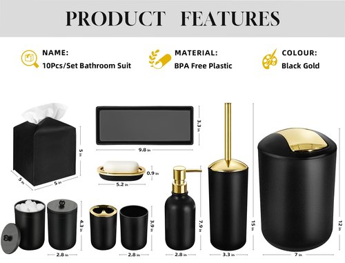 ALPIRIRAL Black and Gold Bathroom Decor, 10Pcs Black Bathroom Accessories Set, Soap Dispenser and Toothbrush Holder, Soap Dish, Cotton Ball & Qtip Holder, Toilet Brush Holder, Tissue Box Cover