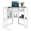 VECELO Corner Computer Desk 41x30 inches with Charging Station & Keyboard & Storage Shelves for Small Space,Triangle Table for Home Office Bedroom,White