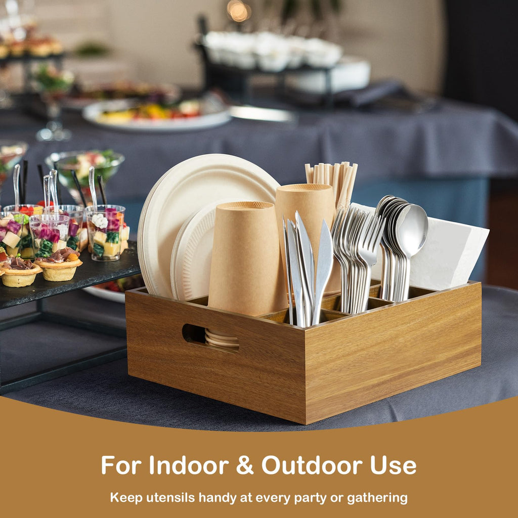 Acacia Wood Utensil Holder for Party, 6-Compartment Paper Plate and Silverware Organizer with Handles, Rustic Utensil Caddy for Parties, Outdoor Gatherings, and Kitchen Countertop Organization