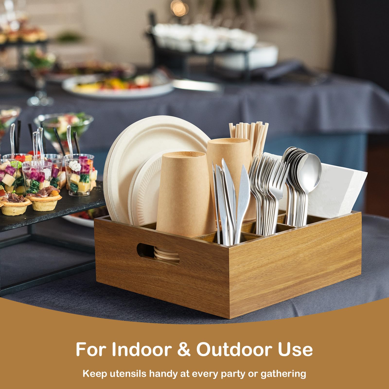 Acacia Wood Utensil Holder for Party, 6-Compartment Paper Plate and Silverware Organizer with Handles, Rustic Utensil Caddy for Parties, Outdoor Gatherings, and Kitchen Countertop Organization