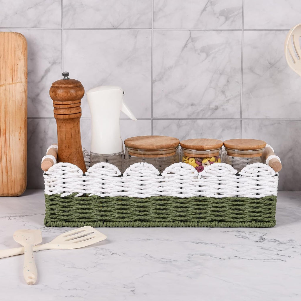 Regine Switzerland Scalloped Edge Toilet Paper Storage Basket - Handwoven Paper Rope for Stylish Bathroom Decor | Includes 2 Wooden Handles