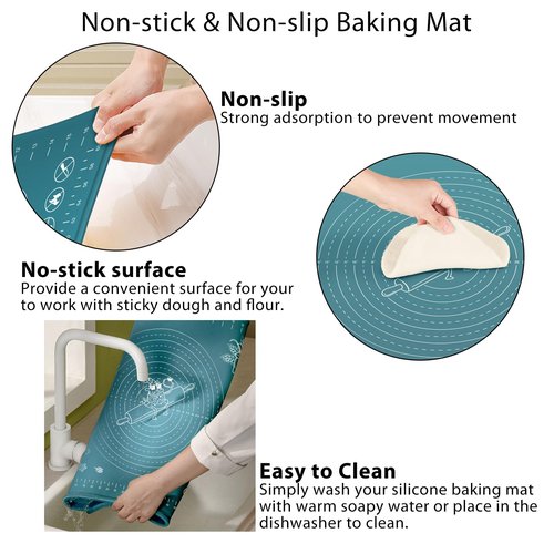 Silicone Pastry Mat 24" x 16" Extra Thick Non Stick Baking Mat with Measurements and Edge Heightening, Food Grade Silicone Rolling Mat for Pastry, Bread, Cookies, Pizza, Fondant, Pasta