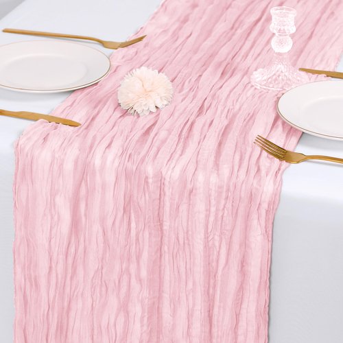 RealBox 14 Pack Light Pink Cheesecloth Table Runner 17x108 Inch Semi Sheer Boho Gauze Cheese Cloth Fabric Table Runners, for Wedding Party Baby Shower Birthday Home Decor Garden Farmhouse