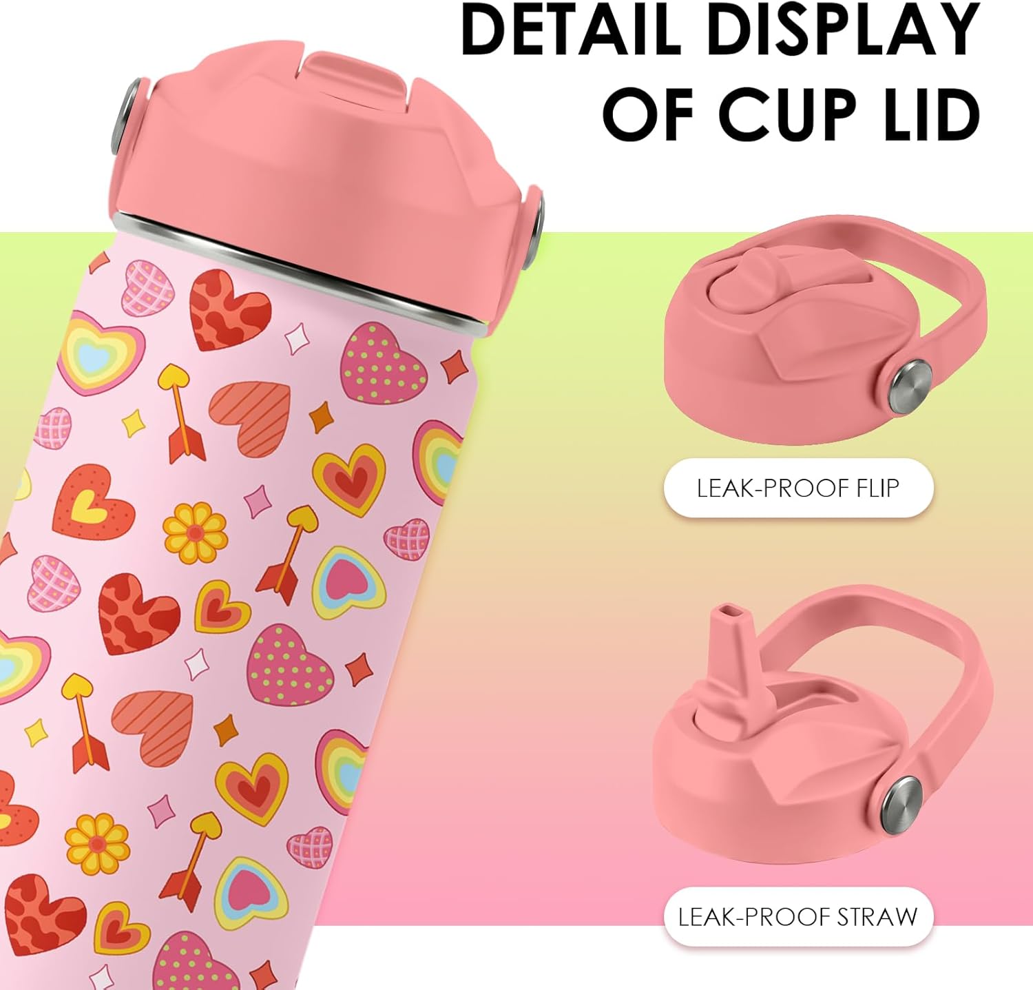 Skiennix Heart Pattern Kids Water Bottle - 16 Oz Stainless Steel Insulated Tumbler, Leak Proof, BPA-Free, Perfect for School & Travel
