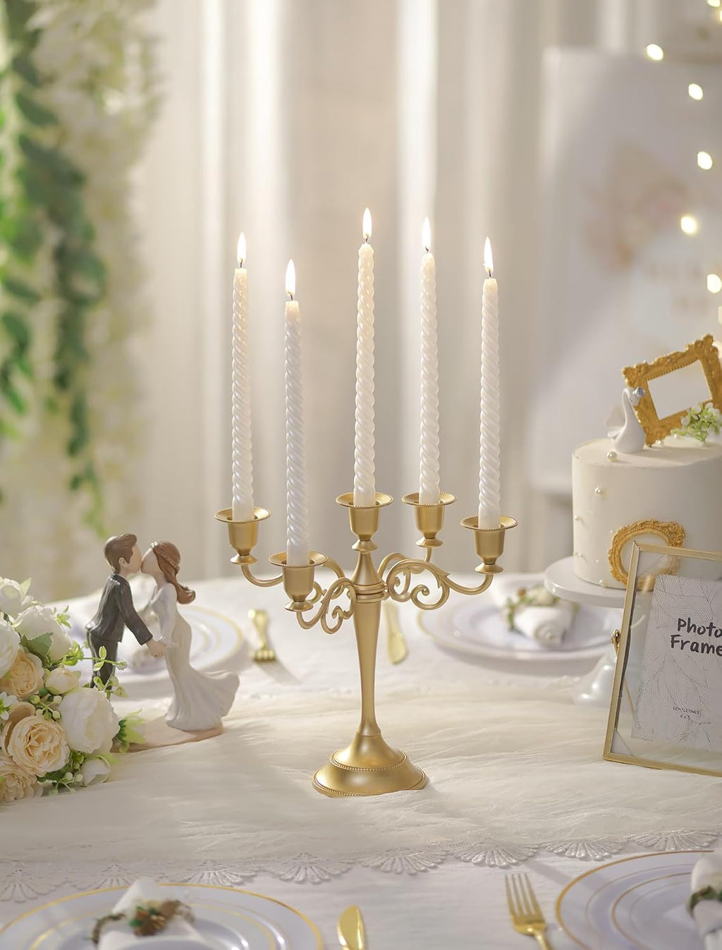 Sziqiqi Gold Candelabra | 10-Inch Table Centerpiece Candle Holder for Taper Candles - 5 Arms Design