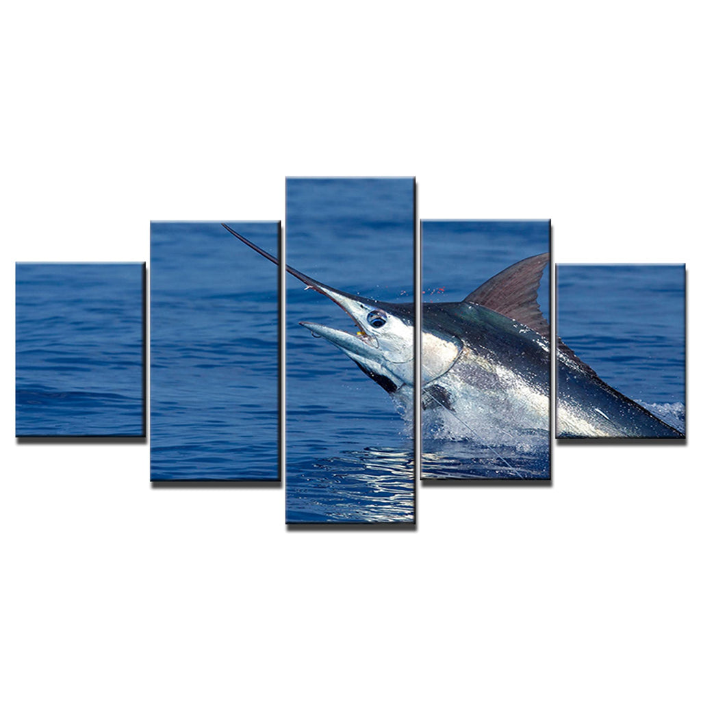 Blue Marlin Fish Wall Decor Ocean Animal Wall Art Large Fish Poster Deep Sea Fishing Picture 5 Piece Painting HD Canvas Print Framed Gifts for Men Decor with Frame Ready to Hang(60''Wx32''H)