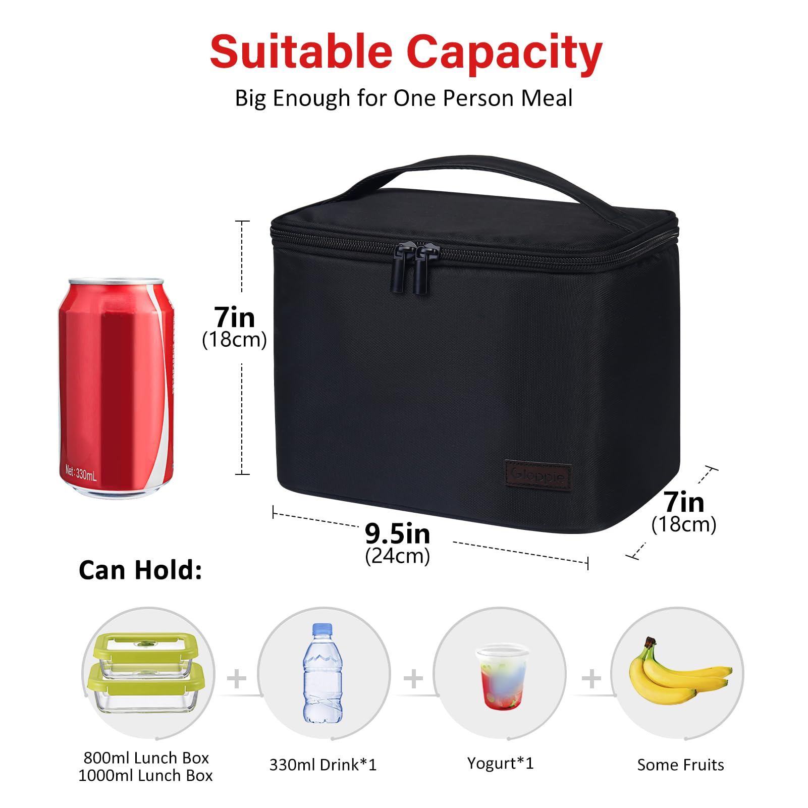 Gloppie Insulated Lunch Bag Lunch Box for Men Women Lunchbox Cooler Bag for Work Picnic, Idea for Gift, Black