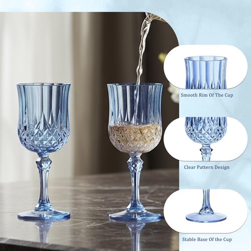 HTTBEIZI 7OZ Plastic Wine Glasses, Disposable Goblets Drinking Glasses Crystal Vintage Water Cups Unbreakable Champagne for Valentine’s Day, Wedding, Parties (48, Blue)