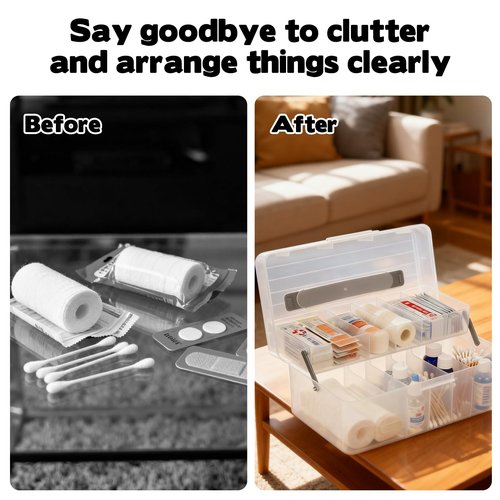 Clear Plastic Bandages Storage Organizer, 2 Tiers Bandage Storage with Lid and Handle, First Aid Box, Large Portable Medicine Container Holder Empty, Suitable for Home, Office, Travel, School, Office