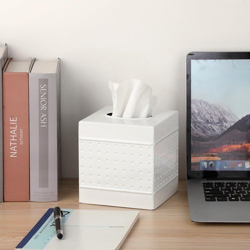 Metal Tissue Box Cover Square, Hand Hammered Tissue Box Holder, Classic White Tissue Box Cover Napkin Dispenser Accessories for Bathroom, Countertops, Dressers, Night Stand, Parlors and Office