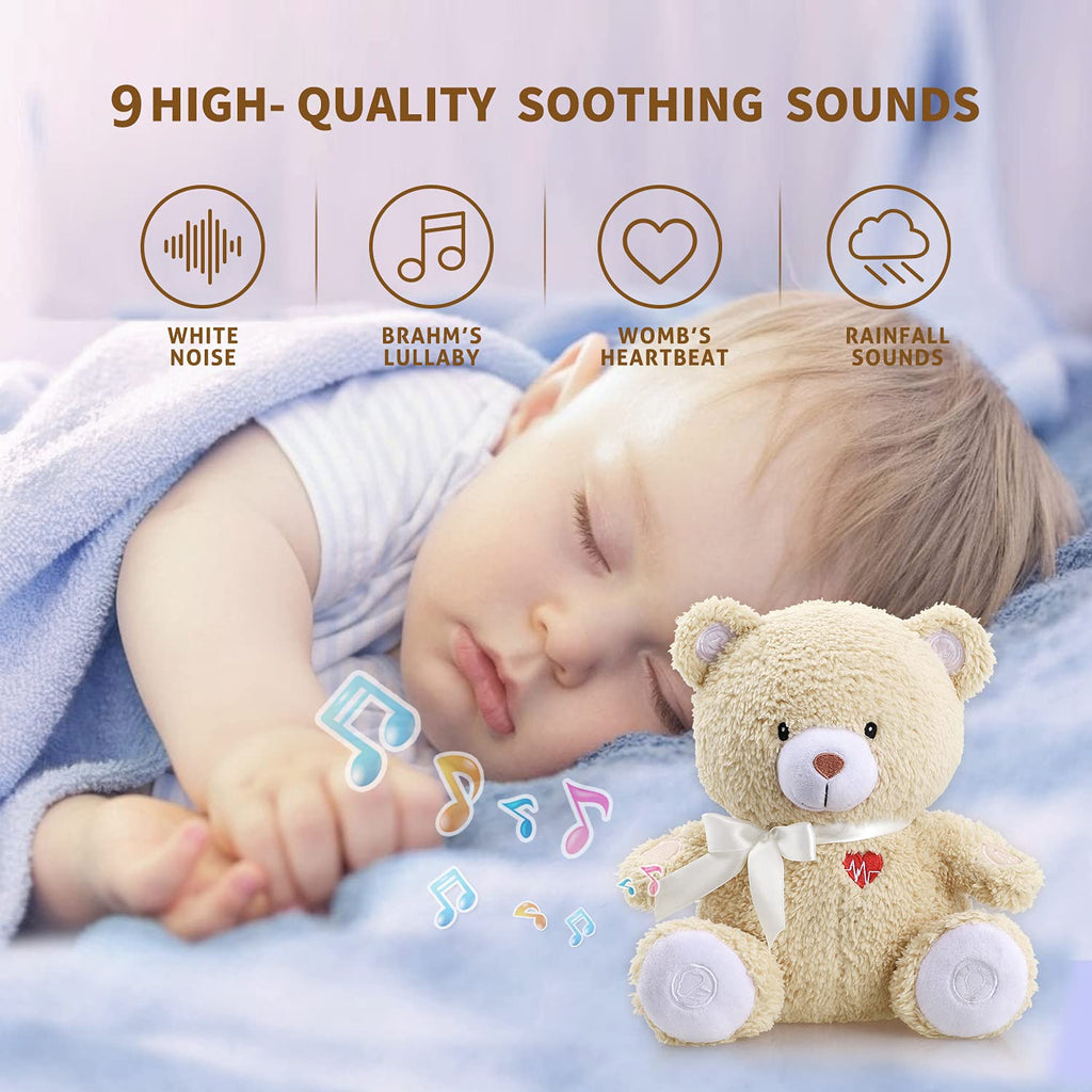 BEREST Newborns Musical Baby Sleep Soother, Mom's Heartbeat White Noise Machine, Bear Sleeping Aid with Cry Sensor, Night Light & 9 Sounds Therapy, Classic Sleeping Bear Infant Sleeping Aid Toy(Brown)