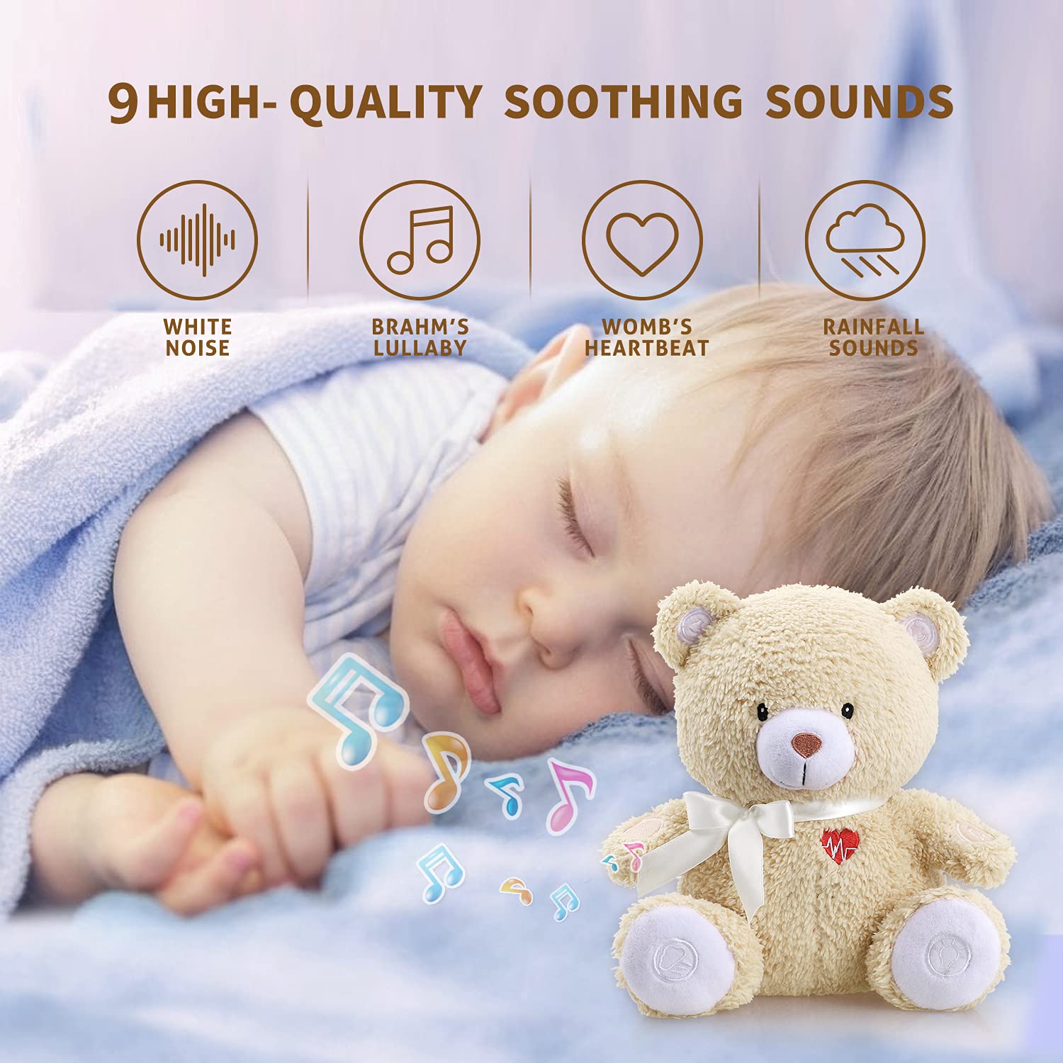 BEREST Newborns Musical Baby Sleep Soother, Mom's Heartbeat White Noise Machine, Bear Sleeping Aid with Cry Sensor, Night Light & 9 Sounds Therapy, Classic Sleeping Bear Infant Sleeping Aid Toy(Brown)