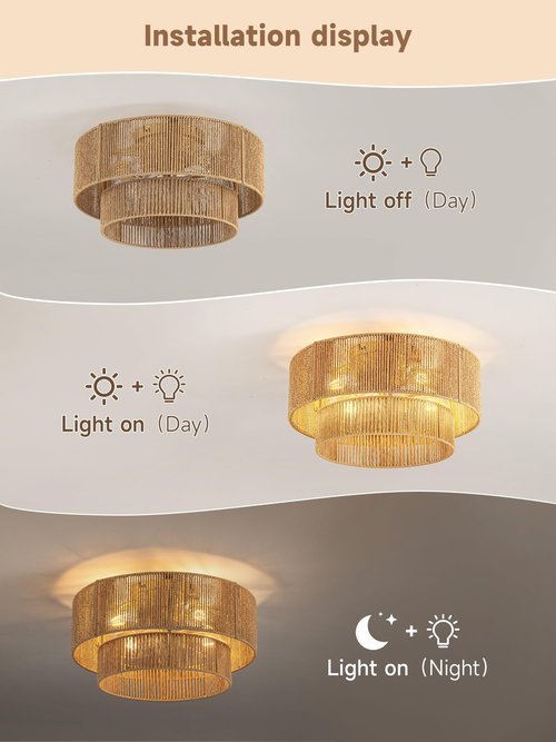 Boho Caged Ceiling Fan with Light Flush Mount, Handwoven Layered Rattan Fandelier with Remote Control & 6-Speed Reversible, Gold Low Profile Chandelier for Bedroom, Living Room, Girls Room, Nursery