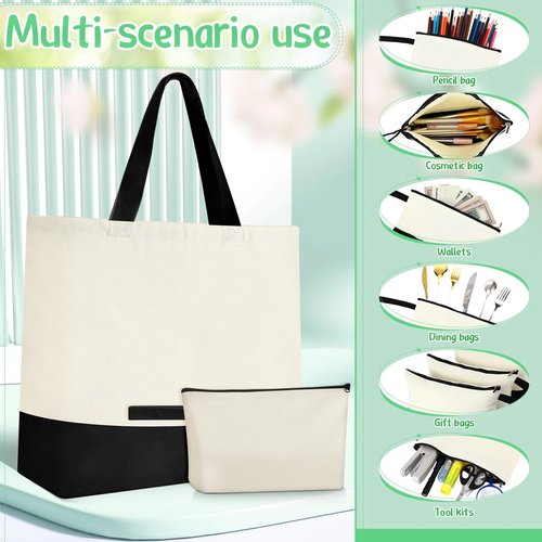 Sanwuta 24 Pcs Canvas Tote Bags Bulk with Zipper Cosmetic Bags 18.5" Cotton Canvas Bag with Handles Reusable Shopping Bags(Beige and Black)