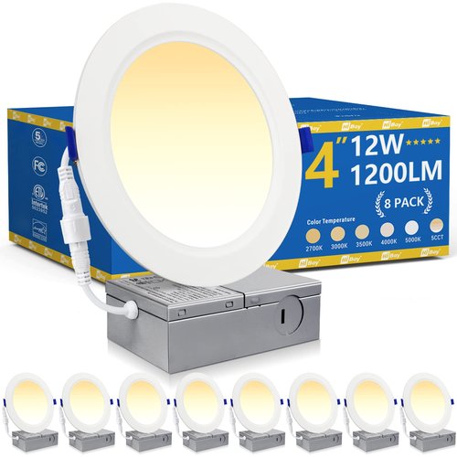 HiBay 8 Pack 4 Inch LED Recessed Lighting, 1200lm 12W 150W Eqv, 3000K Warm White Recessed Ceiling Canless Light Fixtures, Dimmable Wafer Downlight - ETL and Energy Star Certified