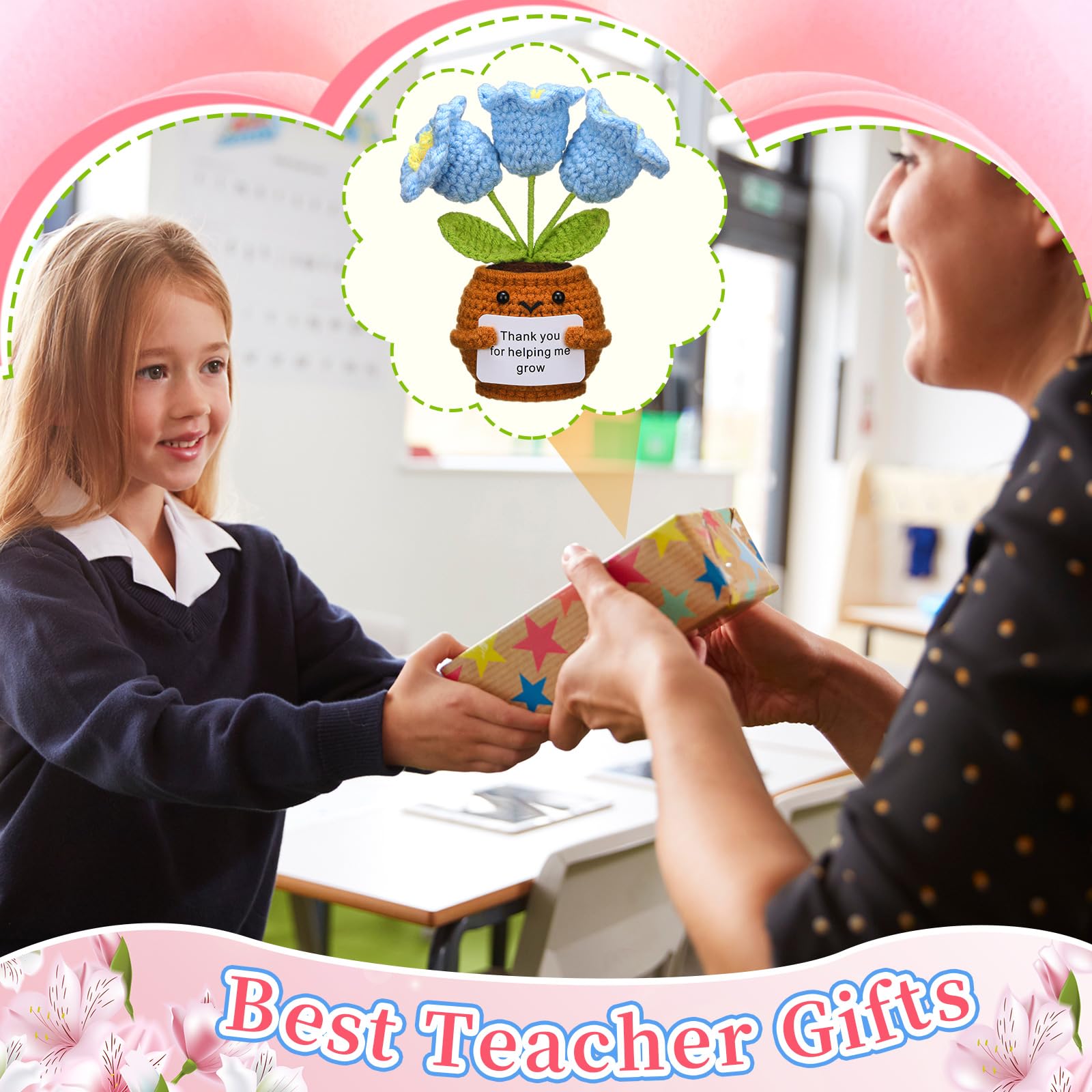 Wavwavw Teacher's Day Appreciation Gifts Thank You for Helping Me Grow Handmade Crochet Flower Doll with Card for Teacher Graduation Gifts Office Decor(Bell Orchid)
