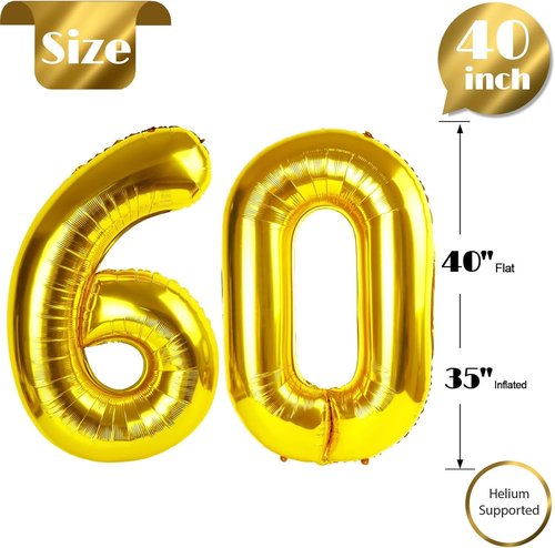 Gold Number 60 Balloon - 40 Inch 60th Birthday Decorations for Men & Women | Elegant Golden Party Supplies