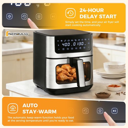NEWBULIG Air Fryer - 6.34QT with Visible Window & Fast Heating | 8-in-1 Cooking Presets, Black Stainless Steel