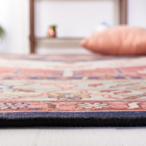 SAFAVIEH Washable Rug Tucson Collection - 4' Square, Rust & Blue, Slip Resistant & Easy to Clean, Ideal for Foyer, Kitchen, Nursery, Office, Bedroom (TSN153P)