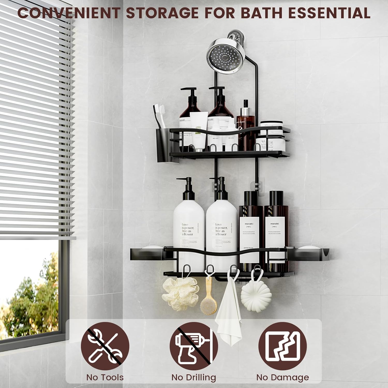 Reinhardt Rustproof Shower Caddy - Anti-Swing Organizer with Soap Holder & Hooks | Black