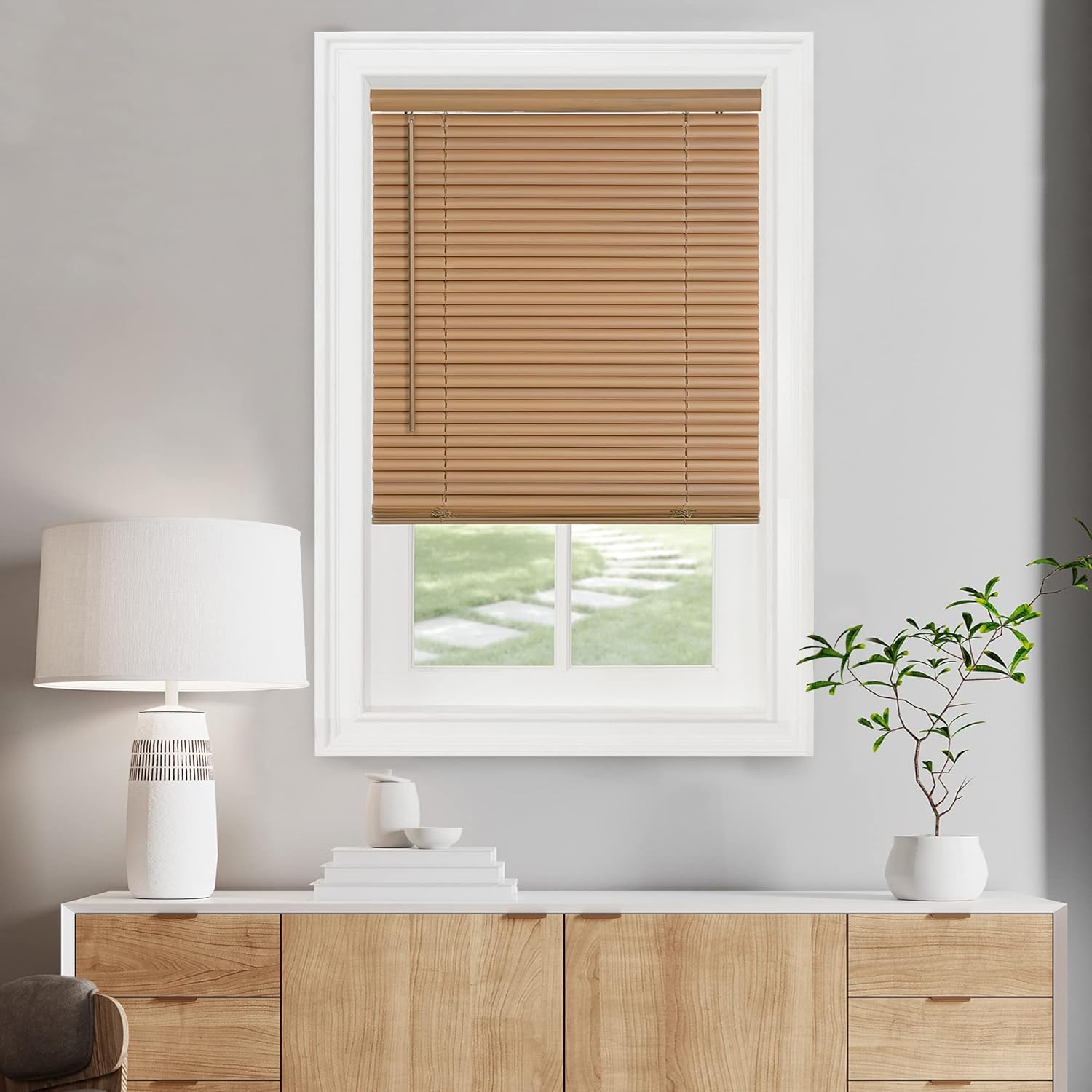 Achim Home Decor Cordless Mini Blinds - Light Filtering, Woodtone, 48" W x 64" L, 1" Slats