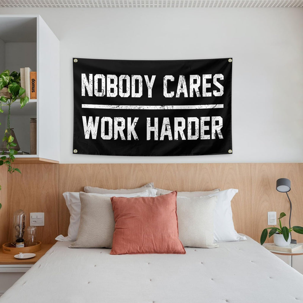 Nobody Cares Work Harder Motivational Gym Banner 3x5 Feet With 4 Brass Gaskets Tapestry Flag.Inspire Your Fitness Wall Decor.