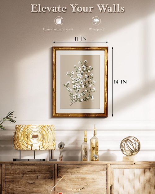 Framed White Flower Canvas Print - Minimalist Botanical Art with Gold Bamboo Frame | 11x14 Size
