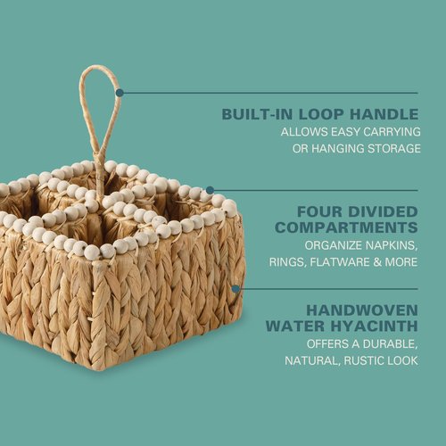 Gibson Home Riverrun Grove Woven Utensil Caddy with 4 Compartments, Natural Hand-Braided Water Hyacinth Basket with Wood-Bead Trim for Napkins, Cutlery, Condiments & Tabletop Storage